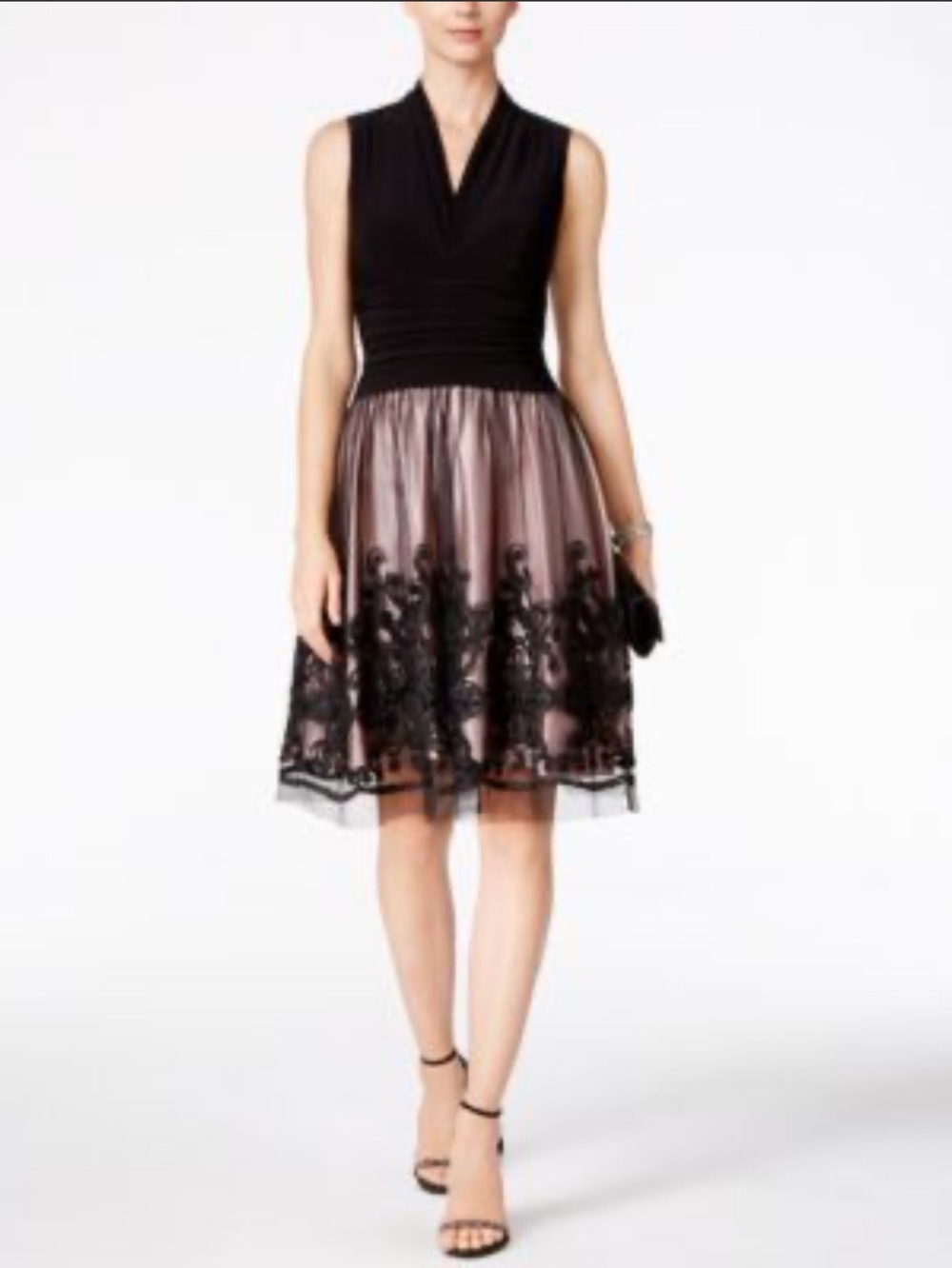 SLNY Black & Pink Sleeveless V-Neck Midi Dress with Embroidered Tulle Skirt